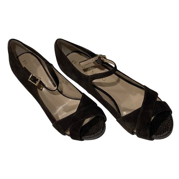 Franco Sarto Peep Toe Heels Valita Women 7M Shoes Dark Brown Suede Pump READ - Picture 16 of 16